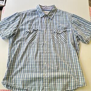 PD&C Mens XXL Woven Cotton Blue White Plaid Short Sleeve Pocket Shirt Dad Vibes